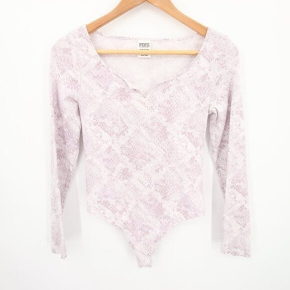 Pink Victoria's Secret Bodysuit Size XS Purple Snakeskin Pattern V Neck Long